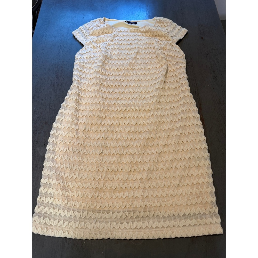 Sharagano Woman Cream Textured Leaf Embroidered Sheath Dress Size 14W Cap Sleeve